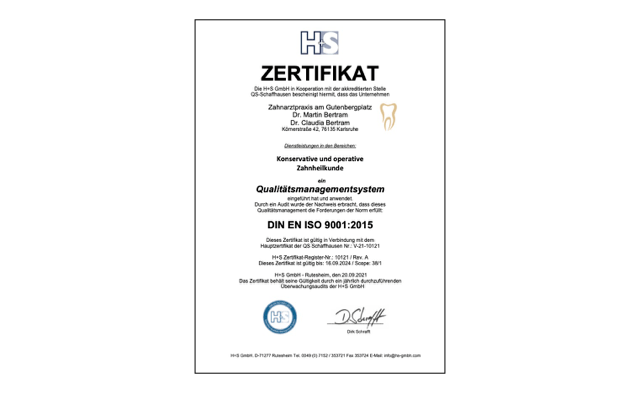 QM-Zertifikat Zahnarzt Karlsruhe Dres. Bertram