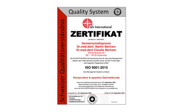 QS-Zertifikat Zahnarzt Karlsruhe Dres. Bertram